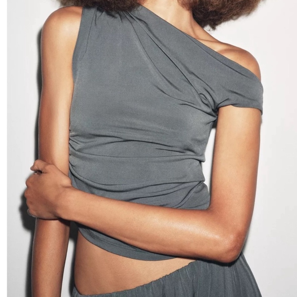 NWT Zara Draped Crepe One Shoulder Top Anthracite Grey Size L